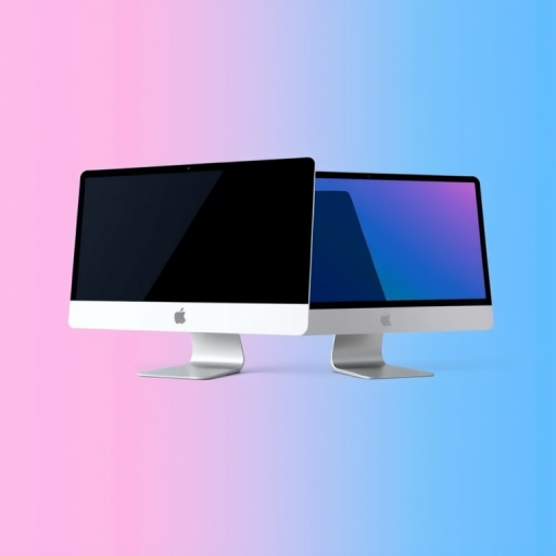 Generate a minimalist vector image of two computer monitors side by side, one with a blue gradient background and one with a pink gradient background, using a high-resolution digital art style, at 300 DPI, with a flat lay view, captured using a DSLR camera with a 50mm lens at f/8 aperture.