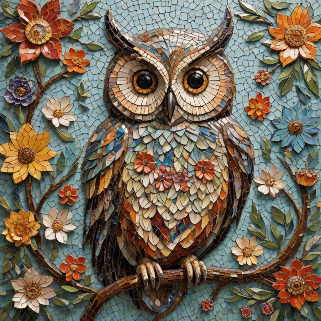 A mosaic of floral owls, one owl intricately composed of individual flower blossoms. The design showcases a delicate balance of nature and form, where the feathers of the owls are replaced by vibrant petals and blooms. The overall appearance is whimsical yet detailed, with each floral element contributing to the intricate patterns of the owl’s body. The artwork embraces a raw, organic style, with natural hues and soft textures, creating a harmonious blend of flora and fauna. The mosaic arrangement adds depth and visual intrigue to the piece, evoking a sense of wonder and artistic beauty.