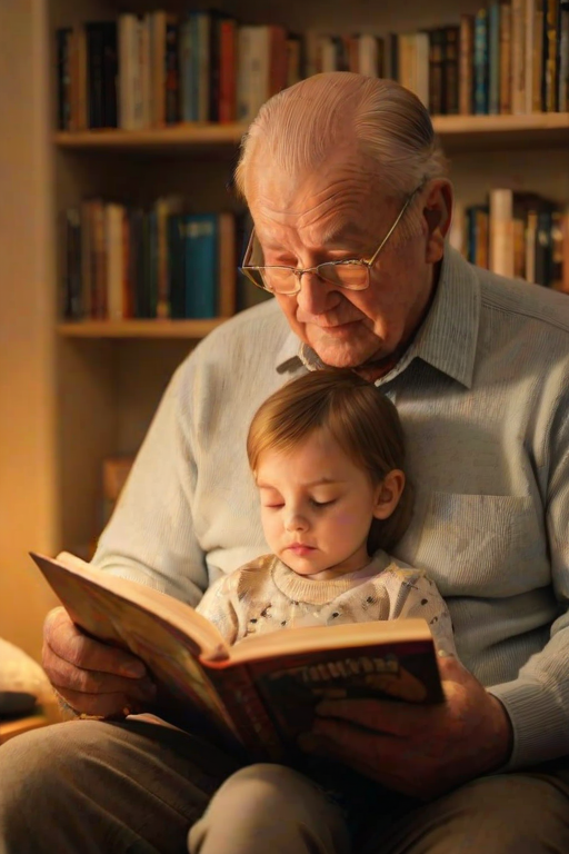 Warmly lit photo of a grandfather reading a bedtime story to his grandchild, soft golden light from a lamp casting a cozy glow, with a bookshelf softly blurred in the background.
