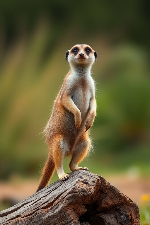 meerkat standing on a log in a natural setting with a soft-focus background, captured with a Canon EOS R5, 85mm lens, aperture f/2.8, ISO 100, 1/500s, shallow depth of field, outdoor lighting