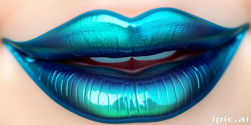 Duochrome teal lip lacquer "Mermaid's Kiss" with blue-green shift and high-gloss finish, perfect for underwater-inspired looks and creative makeup, water-resistant formula