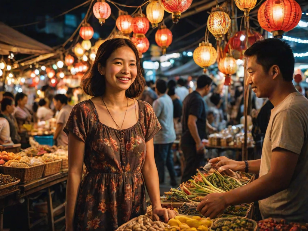 Bustling night market, with hanging lights illuminating the scene, a woman in a casual dress browses stalls selling exotic foods and handcrafted trinkets, her smile reflecting the festive energy.