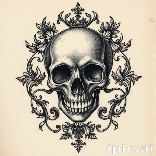 Vintage etching style tattoo named "Memento Mori" featuring intricate crosshatching and stippling techniques to create a hauntingly detailed skull surrounded by baroque flourishes and vanitas symbols meticulous line work mimics the appearance of a centuries-old engraving brought to life on skin