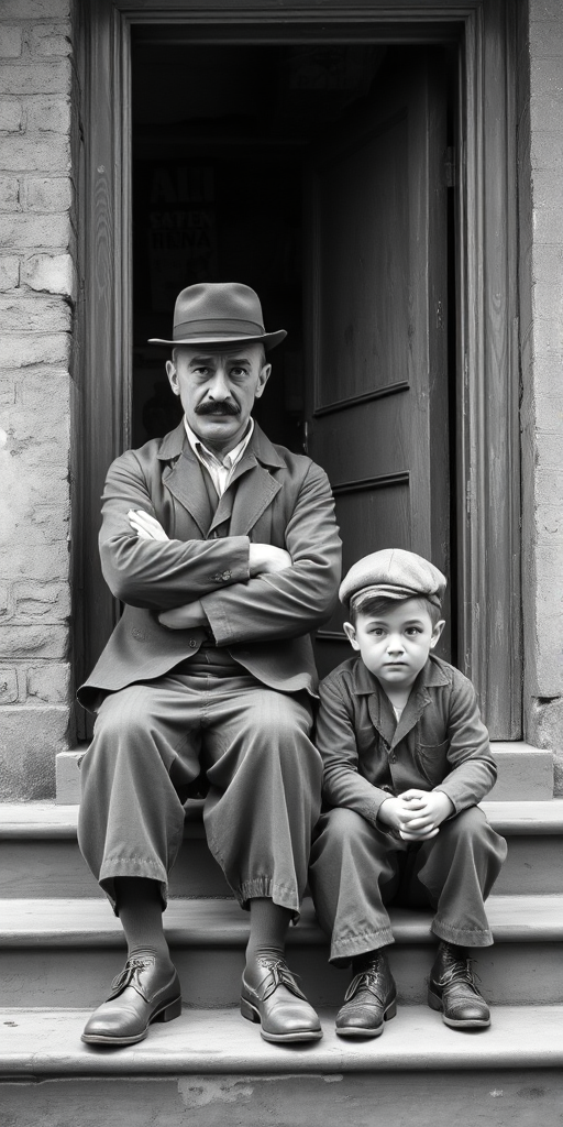 A black-and-white photograph of a man and a child sitting on steps in front of a doorway. The man is dressed as a tramp with a bowler hat, mustache, and ragged clothes, reminiscent of Charlie Chaplin's iconic look. He is sitting with his arms crossed and an expression of slight sadness or frustration. Next to him is a young boy, also in worn clothes and a cap, sitting with his hands clasped, looking thoughtful. The background is an old, textured wall and a partially open door, creating a vintage, early 20th-century atmosphere.