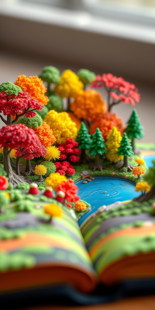 Create a hyper-realistic image of a colorful pop-up book depicting a lush forest with vibrant trees and a serene lake, captured with a DSLR camera at f/1.8 aperture, ISO 100, 50mm lens, and soft, diffused lighting to enhance details and textures.