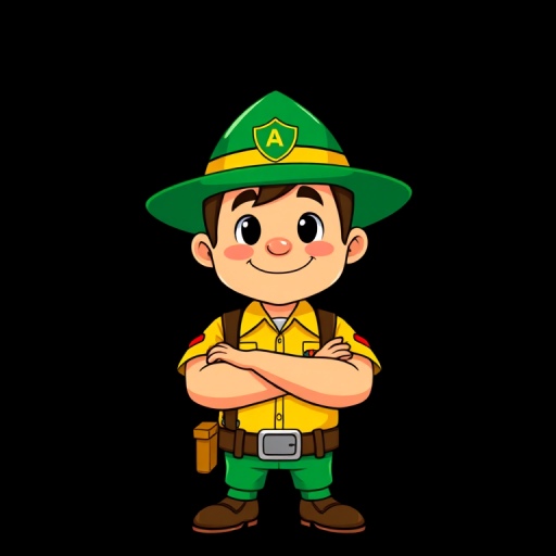 Create a vibrant vector illustration of a cartoon ranger character with a green hat and yellow shirt, standing confidently with arms crossed, set against a plain black background, using a Canon EOS 90D camera with a 50mm f/1.8 lens, aperture set to f/2.8, ISO 100, and slight vignette effect for emphasis.