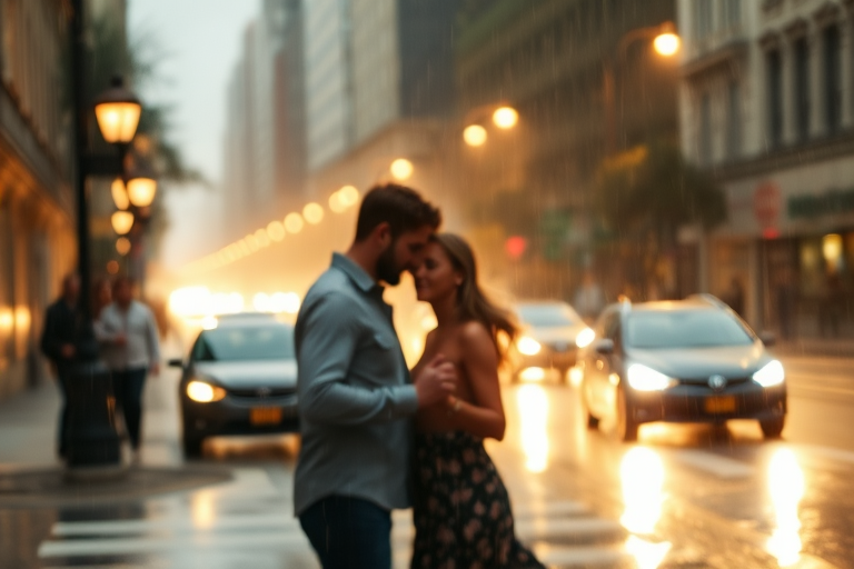 Blurry candid shot of a couple dancing in the street under a light rain, soft golden light from nearby streetlamps casting long shadows, with distant cars and city buildings barely visible through the mist.