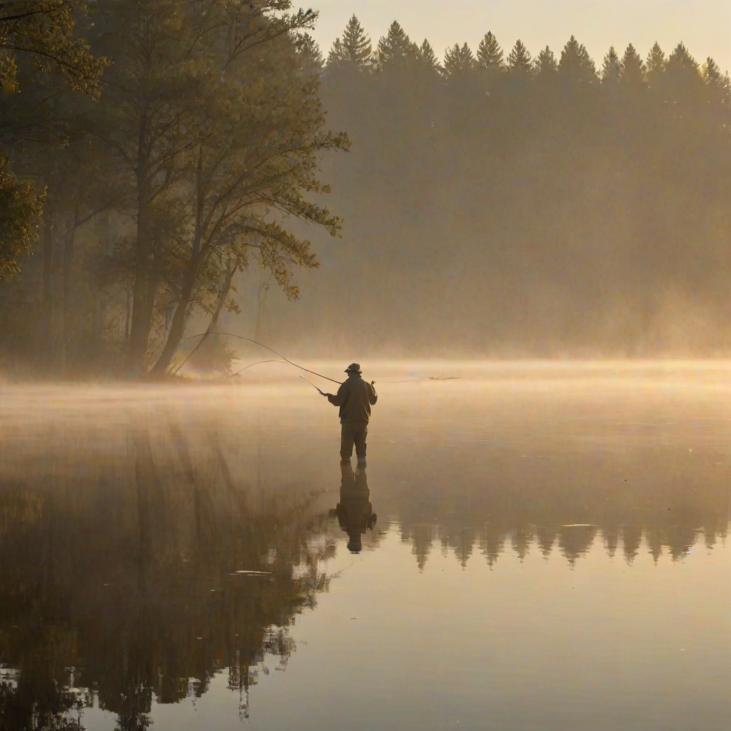 Softly lit image of a fisherman casting his line into a mist-covered lake at dawn, soft golden light from the rising sun reflecting off the water, with distant trees barely visible through the morning fog.