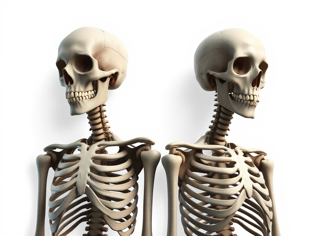 Create a detailed illustration of two human skeletons standing side by side, with a slight gap between them, using a high-resolution digital art style, set against a plain white background for clarity, captured with a Canon EOS R5 at 50mm f/1.8 aperture, ISO 100, and a soft natural light source to enhance shadow details and texture.