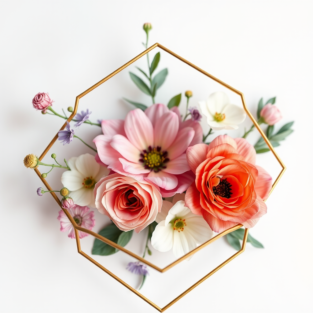 Create a high-resolution image of a delicate watercolor flower arrangement with a geometric gold frame, using a Canon EOS 5D Mark IV with a 50mm f/1.8 lens, aperture set to f/2.8, ISO 100, and natural soft lighting for enhanced detail and color vibrancy.