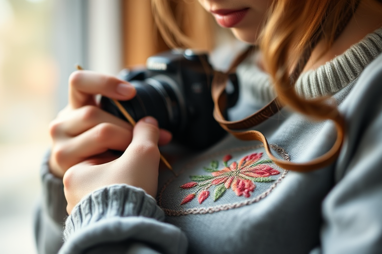 Capture a close-up of a person cross-stitching with a blurred background, using a DSLR camera at f/2.8 aperture and ISO 200, shot in natural light to emphasize the intricate details of the embroidery and the texture of the fabric.
