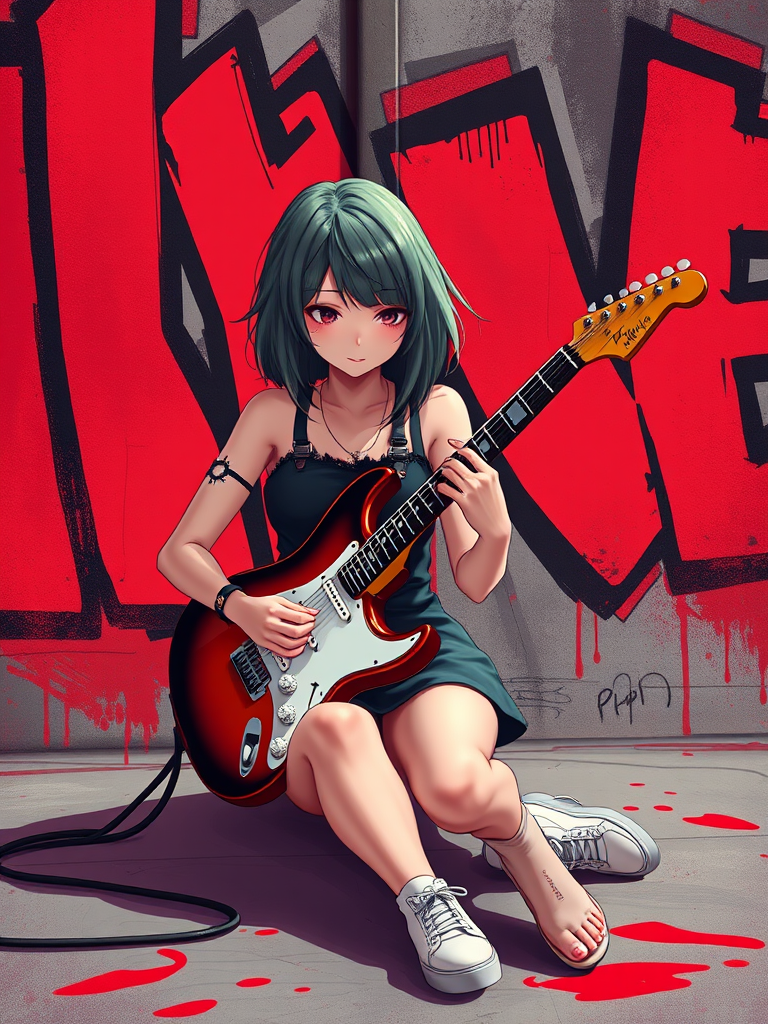 Create a digital illustration of a female character sitting on the floor, playing an electric guitar, with a red and black graffiti-style background, using a Canon EOS R5 with an aperture of f/2.8, 35mm lens, 1/60 shutter speed, and vibrant colors for enhanced detail and contrast.