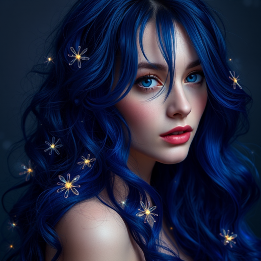 Mystical indigo locks adorned with twinkling fairy lights, Enchanted's hair cascades down in loose waves, creating a magical and otherworldly appearance that seems to glow from within