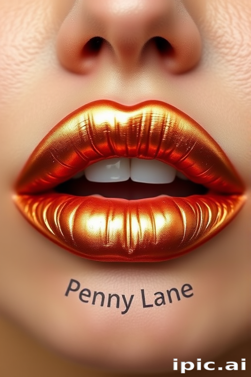 Metallic copper lips with a foiled finish, named "Penny Lane," boast a unique metallic sheen and a creamy, comfortable formula
