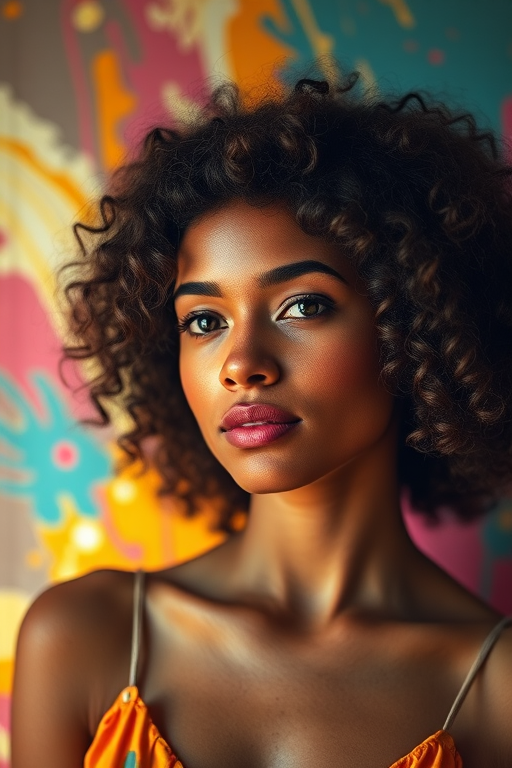 portrait of a woman with curly hair, vibrant abstract background, soft natural light, shallow depth of field, 50mm lens, f/1.8, ISO 100, high resolution, digital art style
