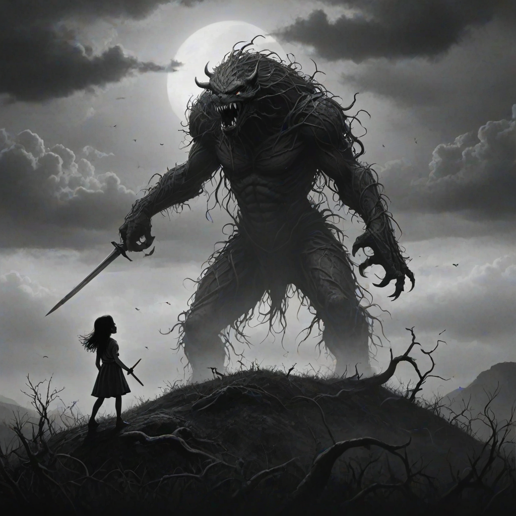 Fight your fears illustration of black and white minimalist of a little girl standing on a hill, raising a sword in hand, she is facing a large menacing creature with large head, sharp teeth and sharp claws, its body is made of vines and roots. The background is a cloudy sky with a hint of smoke or fog. The overall mood of the image is dark and eerie.
