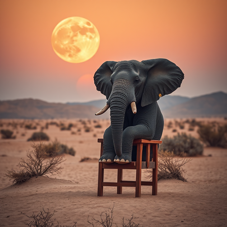 Create an image of an elephant sitting on a wooden chair in a desert landscape under a large moon, with soft pastel colors and dramatic shadows, using a Canon EOS R5, 35mm lens, f/2.8 aperture, 1/60 sec shutter speed, and a warm sunset light for a surreal and dreamy effect.