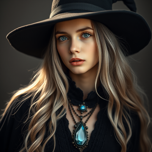 A beautiful young witch with long silver hair and a stylish black hat, wearing an intricate black outfit with a blue gemstone pendant, soft focus, ISO 100, aperture f/2.8, 50mm lens, portrait style, studio lighting.