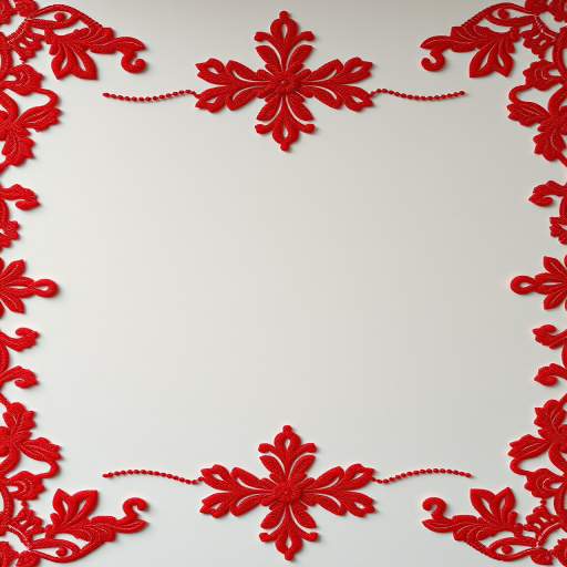 Create a decorative frame with intricate red lace patterns, using a Canon EOS R5 at f/2.8, ISO 100, 1/50s, shot from a top-down view for flat lay style.