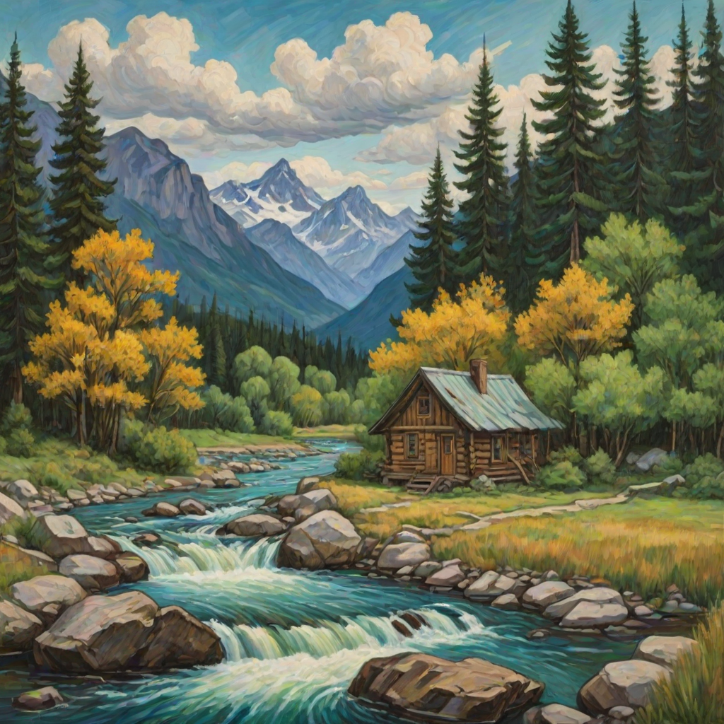 This Van Gogh-inspired painting depicts a peaceful scene of a small cabin located near a flowing river. The scene is surrounded by lush vegetation, including tall trees and rocky terrain. In the background, majestic mountains rise under a sky filled with rolling clouds. The river gently cascades over the rocks, adding a sense of movement and tranquility to the scene. The use of vibrant colors and detailed brushstrokes create a sense of depth and harmony in the natural setting.