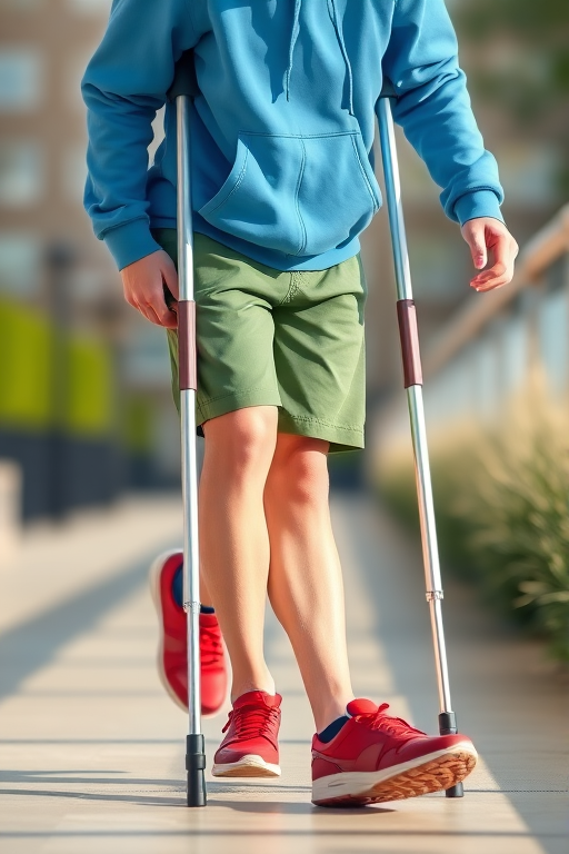 Create a high-resolution illustration of a person using crutches, wearing a blue hoodie, green shorts, and red shoes, shot in a close-up view with a shallow depth of field, using a DSLR camera with a 50mm lens at f/1.8, ISO 100, and a soft natural light setup.