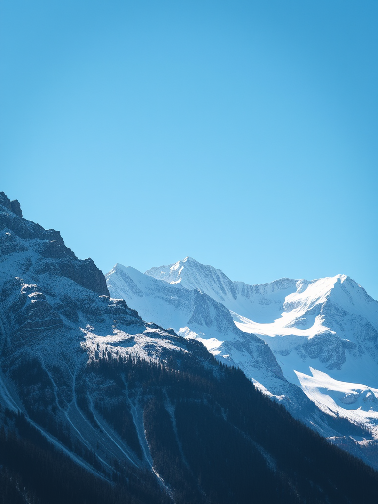 captured with a DSLR camera at 24mm, f/8 aperture, ISO 100, in daylight, using a wide-angle lens and a polarizing filter for enhanced contrast and clarity, focusing on snow-capped peaks against a clear blue sky