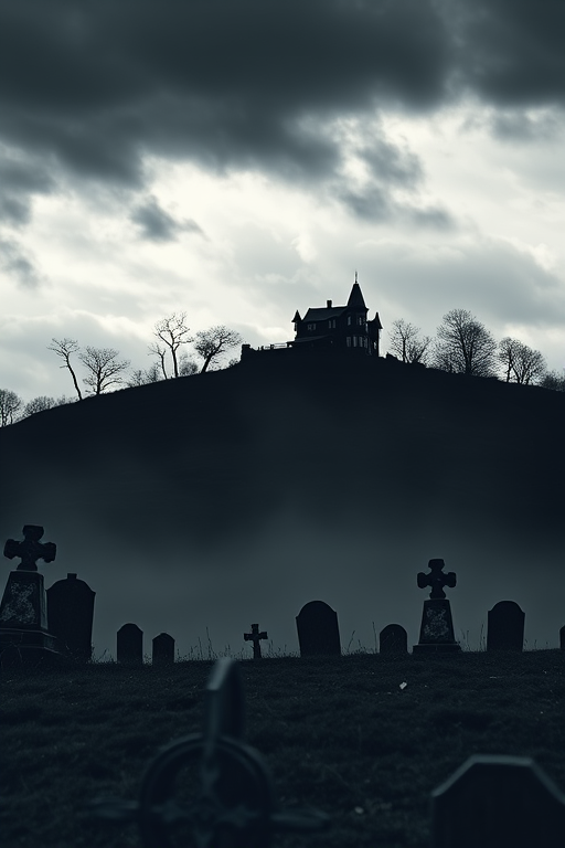 a spooky landscape featuring a silhouette of a haunted house on a hill with gravestones, overcast sky with dramatic clouds, shot with a DSLR camera at f/8 aperture, 50mm lens, ISO 200, natural lighting, perspective view from a low angle to enhance depth and eeriness