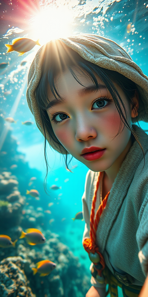 Realistic selfie image of a Ainu, wearing a vintage outfit, detailed dreamy eyes, droopy hooded eyes, staring at the camera, taken underwater at coral reef with a sunbeam filtering through the water, vibrant, summer vacation, natural lighting, turtle and school of tropical fish with vibrant colors, rendered in the style of CryEngine, Pegi Nicol MacLeod, with realistic genre scenes, hauntingly beautiful narratives, ultra-realism, and Thomas Saliot's close-up technique, 8K resolution, crystal clear and sparkling water.