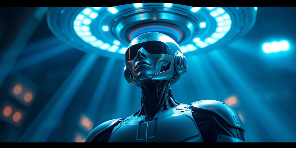 Create a digital illustration of a futuristic humanoid figure being beamed up by a UFO, using dramatic lighting with blue and silver tones, captured with a DSLR camera at f/2.8 aperture, ISO 100, and a shutter speed of 1/250s, in a close-up view with a cinematic style.