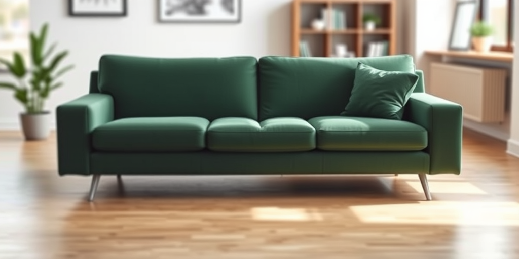 Create a high-quality image of a modern green couch, using a DSLR camera with a 50mm lens, aperture set to f/2.8, ISO 100, in a well-lit indoor setting with a depth of field that softly blurs the background.