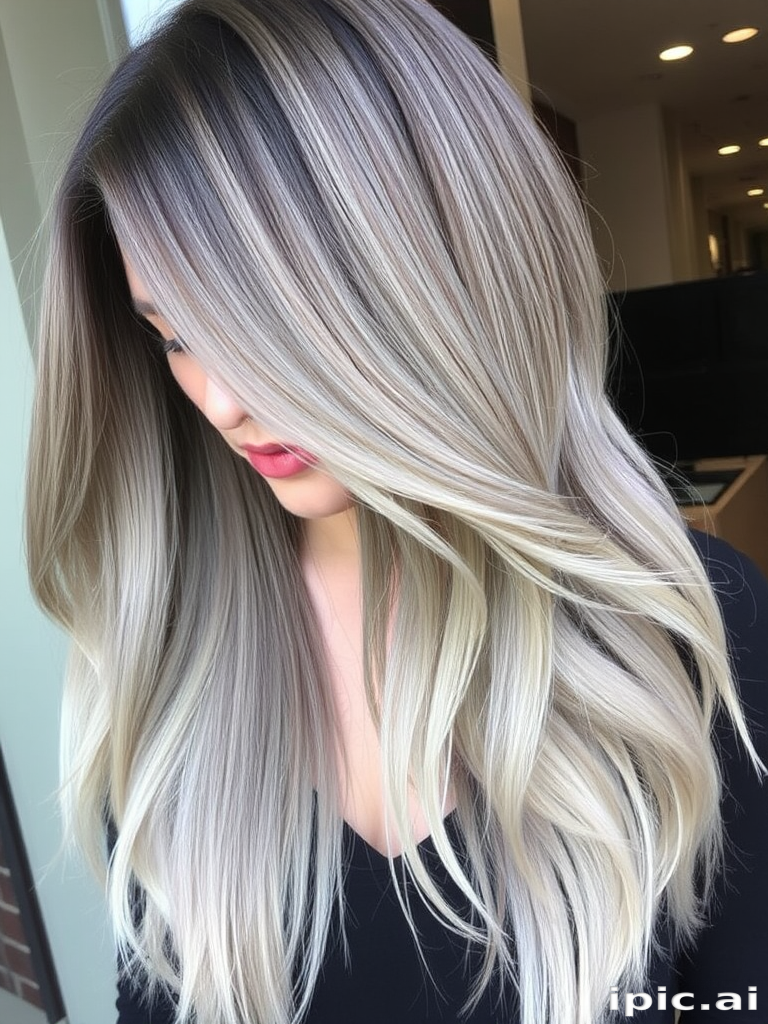 Dramatic silver and charcoal balayage called "Smoky Quartz" blends seamlessly through long, sleek strands, creating a sophisticated and edgy look with multidimensional depth