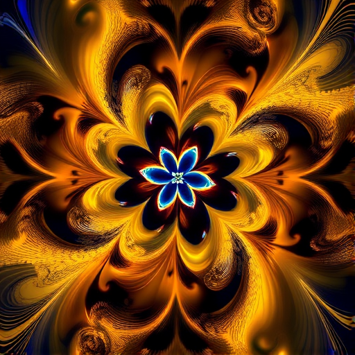 Generate a high-resolution abstract fractal image featuring vibrant golden and blue swirls emanating from a central symmetrical design, shot with a Canon EOS R5 using a 50mm lens at f/1.8, ISO 100, and a long exposure time to enhance light trails and detail.