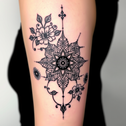 Intricate blackwork tattoo called "Shadow Lace" showcasing delicate geometric patterns intertwined with floral motifs creating a mesmerizing web-like design with bold contrasts and fine line details