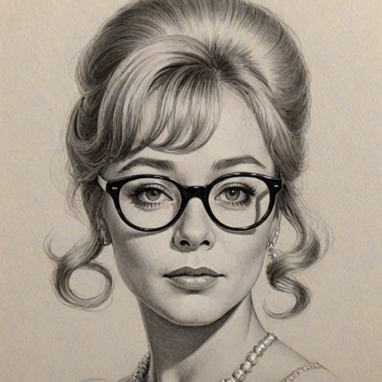 Magnificent Glynis Johns, pencil sketch, portrait of Fetching woman 1967s in glasses, hair style beatnik, outline, clear lines, fine lines, 8k