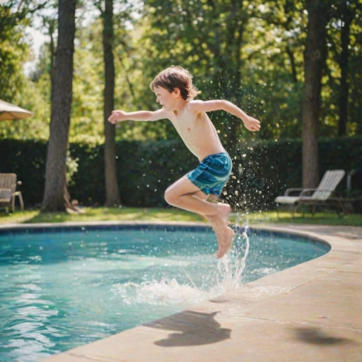 Blurry action shot of a child jumping into a swimming pool, water splashing in all directions, distant trees swaying gently, and the feeling of carefree summer fun.