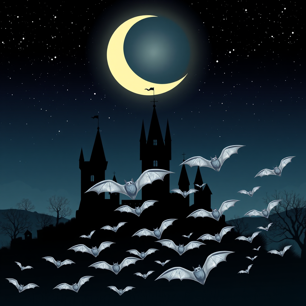Create a high-resolution digital illustration of a haunted castle silhouette under a bright crescent moon and a starry night sky, with a flock of silver bats flying in the foreground, using a wide-angle lens (24mm) at f/8 aperture, ISO 100, with soft lighting to enhance the colors and details in a vector style.