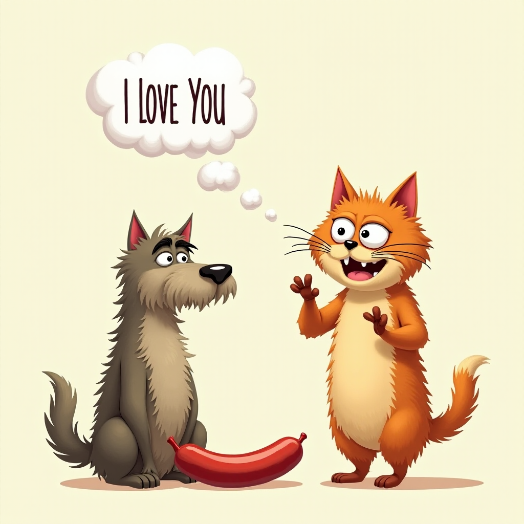 caricature of a silly whimsical fluffy cat with a mean look she has one foot on a sausage and is looking at an old scraggly big dog the cat has a thought bubble above her head that says “I LOVE YOU"