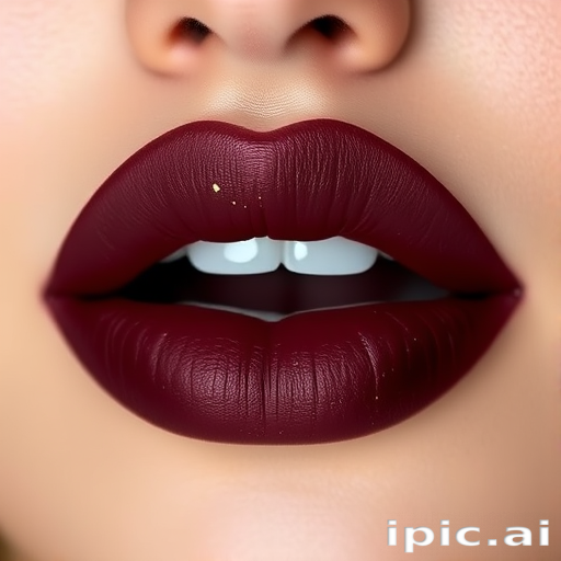 Matte burgundy lips with gold flecks, called "Midnight Merlot," boast a long-lasting formula and a rich, deep color that complements all skin tones