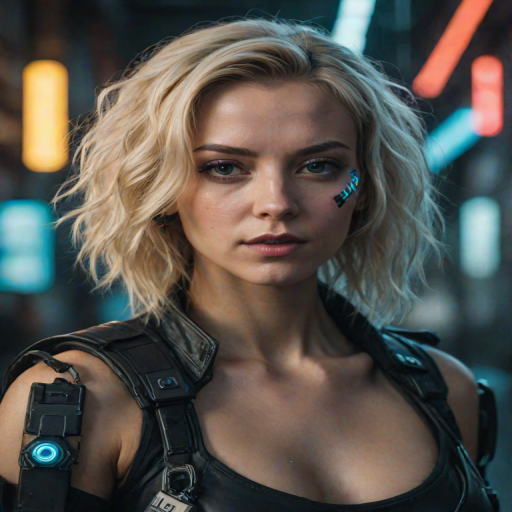 portrait of a blonde woman in a cyberpunk setting