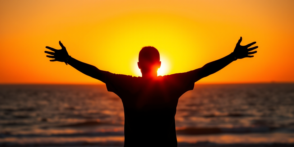 a silhouette of a person with arms outstretched against a vibrant orange sunset over the ocean, shot with a Canon EOS R5, 50mm lens, f/1.8 aperture, ISO 100, shutter speed 1/2000 sec, wide-angle view for enhanced depth and clarity