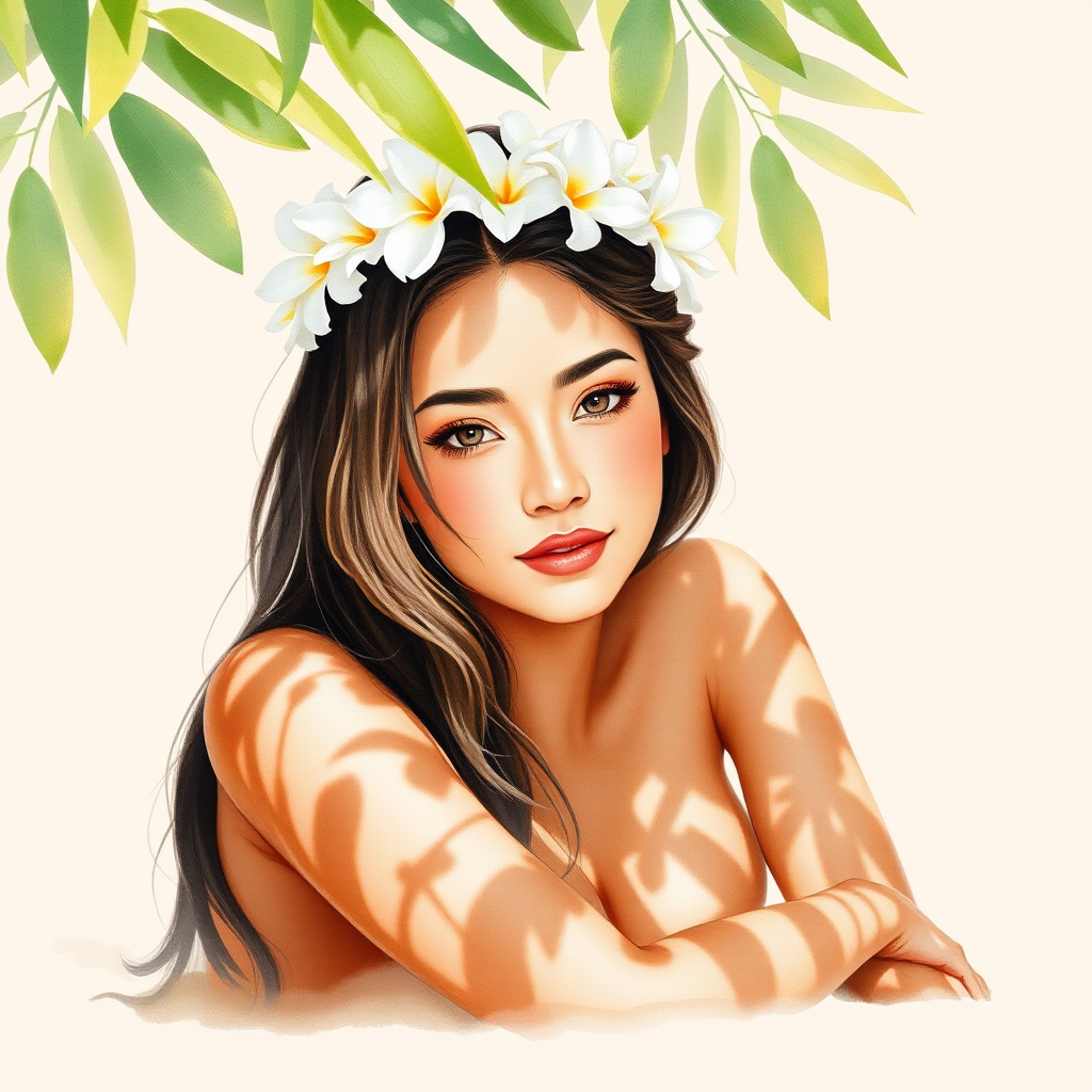 create a watercolor painting of an ethereal portrait of beautiful Hawaiian woman with a simple white flower crown on her head. Her hair is long and she is lying on the ground. The sunlight on the trees casts shadows from the leaves on her face and body. The background is a neutral brown color that matches her skin tone. The image is minimalist and solid colors. This style is characterized by soft, delicate brushstrokes and a light, airy, contrasting color palette. High level of detail and play of light