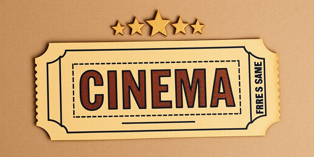 Create a high-resolution image of an antique cinema free pass ticket with a textured brown paper background, featuring bold "CINEMA" text and three stars above it, in a vintage style, captured with a full-frame DSLR camera, 50mm lens, f/2.8 aperture, ISO 100, natural lighting, and a slight depth of field to enhance focus on the ticket details.