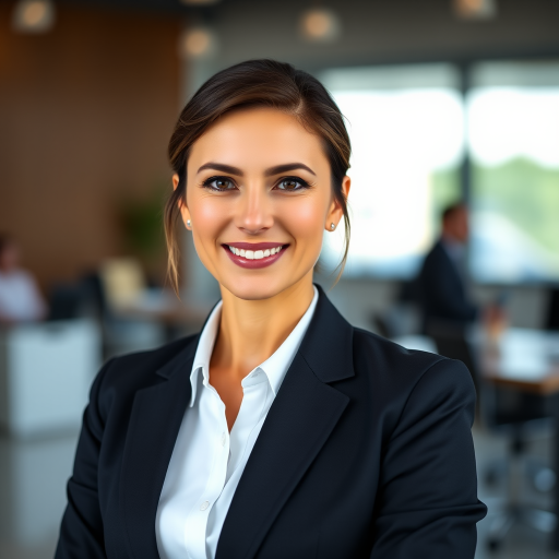professional headshot of a confident woman in a tailored suit with a blurred office background, natural lighting, shallow depth of field, ISO 200, f/2.8, 85mm lens, portrait orientation, DSLR camera