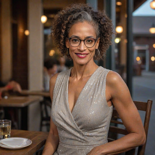 photo of woman:Carla Hall:0.4, highlight hair, sitting outside restaurant, wearing dress, rim lighting, studio lighting, looking at the camera, dslr, ultra quality, sharp focus, tack sharp, dof, film grain, Fujifilm XT3, crystal clear, 8K UHD, highly detailed glossy eyes, high detailed skin, skin pores