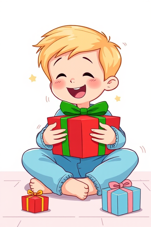 Create an illustration of a young boy with blonde hair sitting cross-legged on the floor, eagerly opening a large red gift box wrapped with a green ribbon, wearing light blue pajamas, with a joyful expression on his face and a smaller gift box next to him, in a bright and colorful cartoon style; use a Canon EOS R5 camera, 50mm lens, f/1.8 aperture, ISO 100, 1/160 sec shutter speed for enhanced clarity and detail.