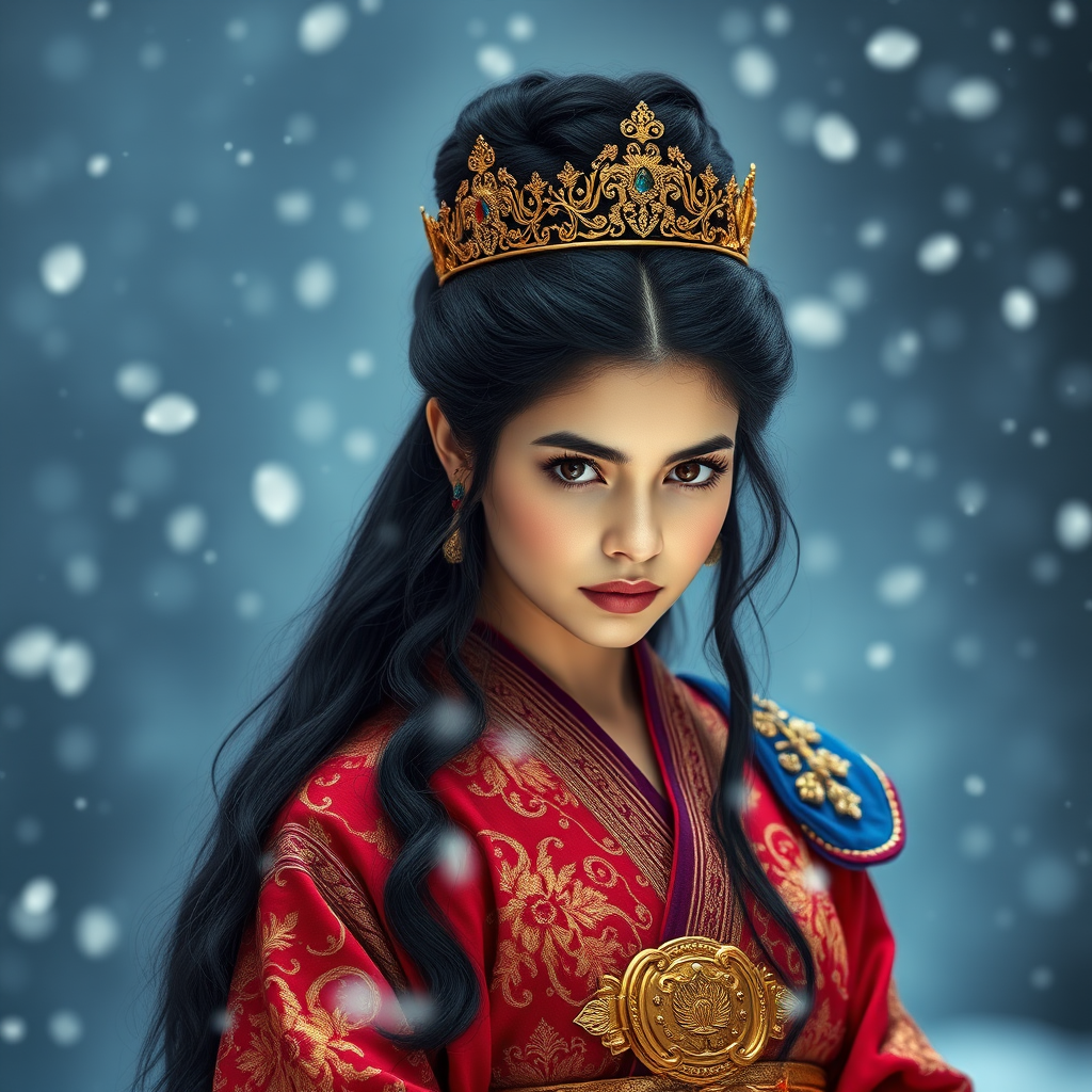A young woman with long black hair styled in a high bun, adorned with a gold crown and intricate hair ornaments, stares intently at the viewer. She wears a vibrant red and gold embroidered robe with blue accents, a gold belt with a large ornate buckle, and a blue and gold shoulder piece. The woman is positioned in the center of the frame, with the background blurred and filled with falling snow. The image has a soft, ethereal feel with a focus on the woman's face and attire, creating a portrait-like composition. The colors are rich and saturated, with the red, gold, and blue of the clothing standing out against the muted blue and white of the snowy backdrop. The lighting is soft and diffused, casting a warm glow on the woman's face.  The overall mood is elegant and mysterious.  The details of the woman's attire, especially the intricate embroidery and embellishments, add a sense of opulence and grandeur.  The falling snow further enhances the sense of winter magic and wonder.