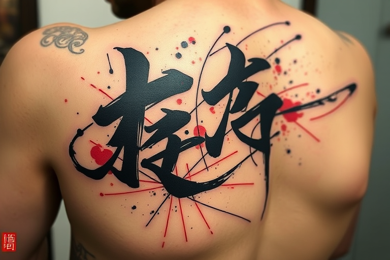 Brush stroke tattoo dubbed "Calligraphy in Motion" utilizing dynamic ink-like lines and splatters to mimic the fluid movements of traditional East Asian calligraphy