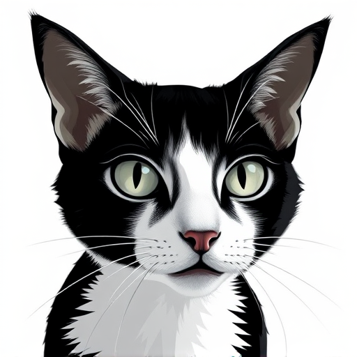Create a high-resolution vector illustration of a stylized cat with exaggerated features, using vibrant black and white colors, captured from a close-up angle with a DSLR camera at f/4, ISO 100, and a 50mm lens, in a modern, minimalist artistic style.