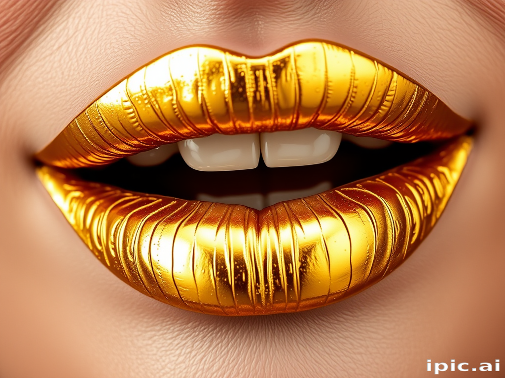 Bold metallic gold lips, shimmering and eye-catching, perfect for avant-garde fashion statements and high-impact makeup looks