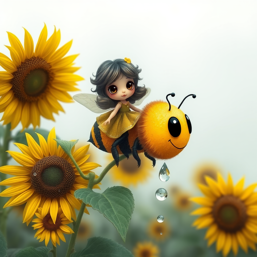 a whimsical cute girl with big eyes, big hair and flowing dress, riding astride a bumble bee, and flying across the top of the sunflower, which are just waking up, and catching dew drop of rain